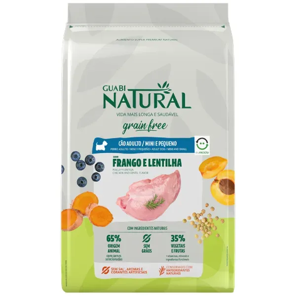 Ração Guabi Natural Grain Free Cães Adultos Raças Mini Pequeno Frango e Lentilha 10,1 kg